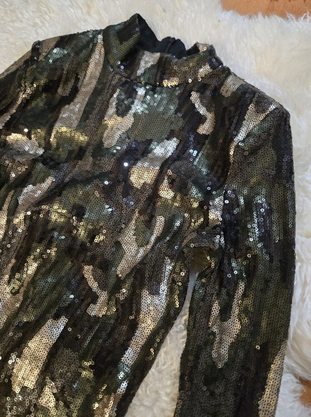 Zara Kahki Sequin Camo Bodycon High Neck Long Sleeve Midi Event Dress Size Small - Picture 8 of 14